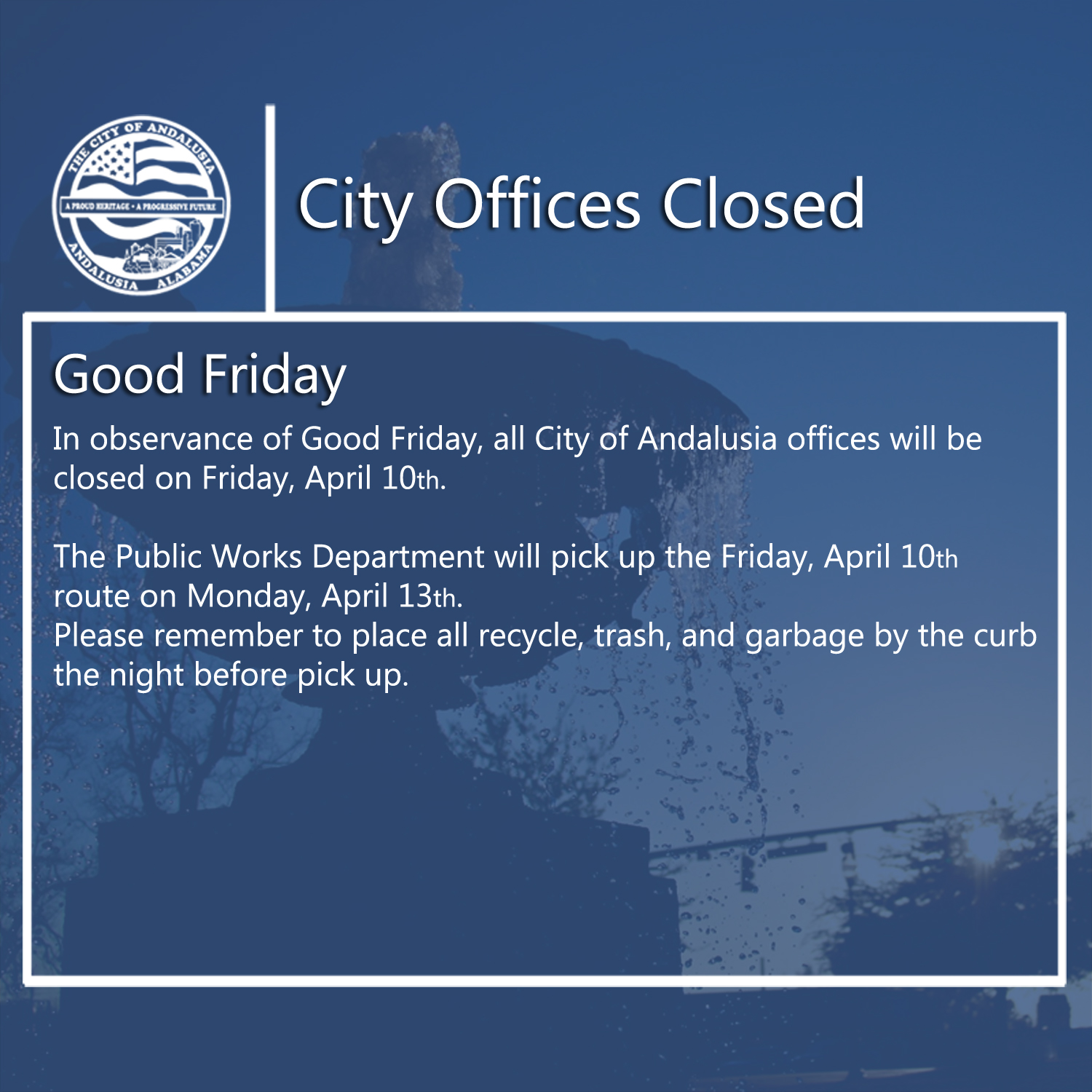 Facebook City Offices Closed April 10th